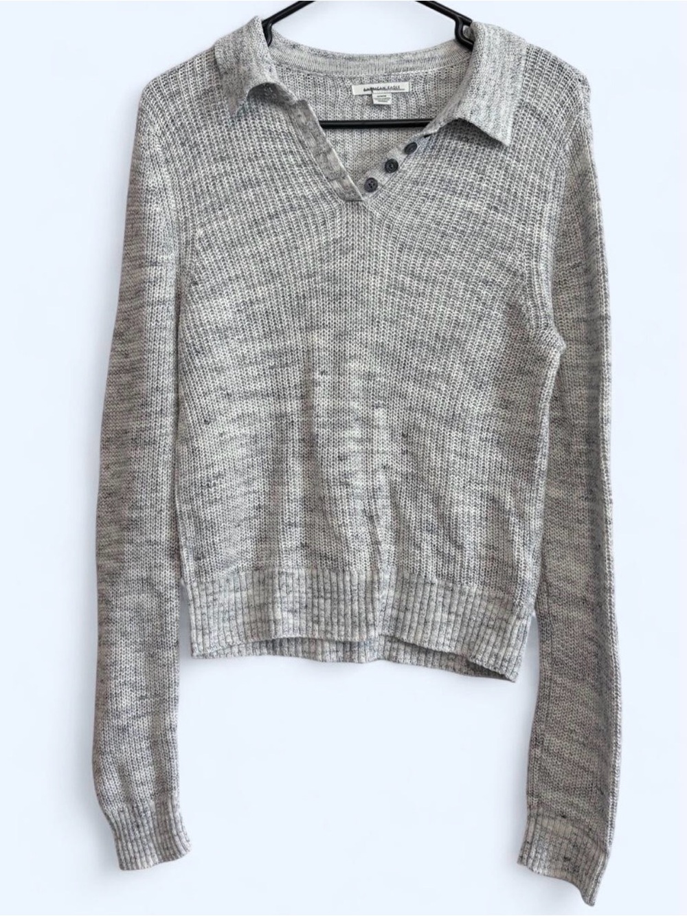 American Eagle Light Gray V-Neck Collared Sweater with Button Detail